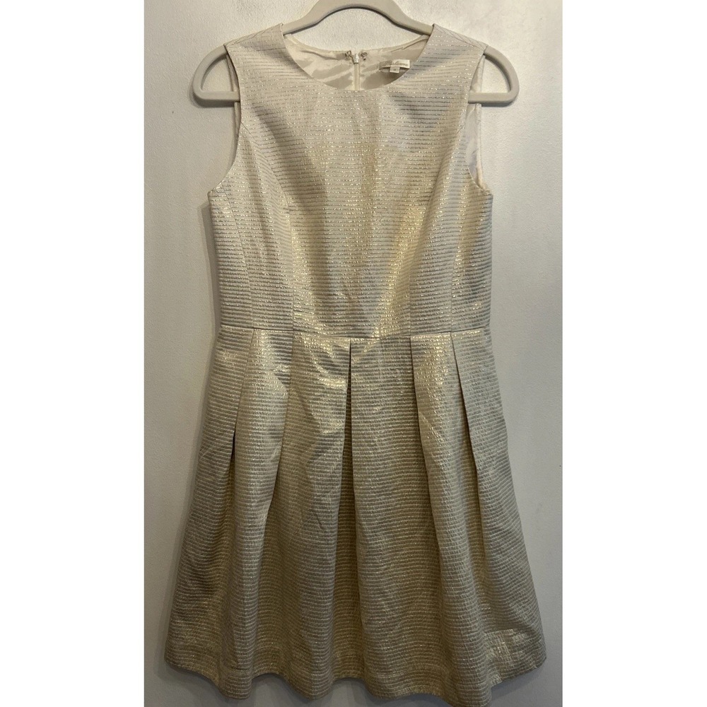Shoshanna Melody Fit and Flare Pleated Cocktail Mini Dress Cream Gold Size 8 EUC